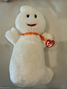 Ty large Spooky White Ghost Plush with Orange Ribbon and Red Smile